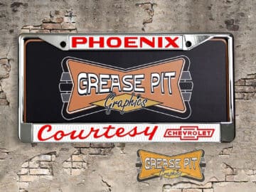 A vintage style reproduction dealership license plate frame for the Courtesy Chevrolet dealership of Phoenix . This reproduction dealership license plate frame will look great bolted on to your Classic Chevy whether it’s a Cruiser, a Hot Rod or a Muscle Car.