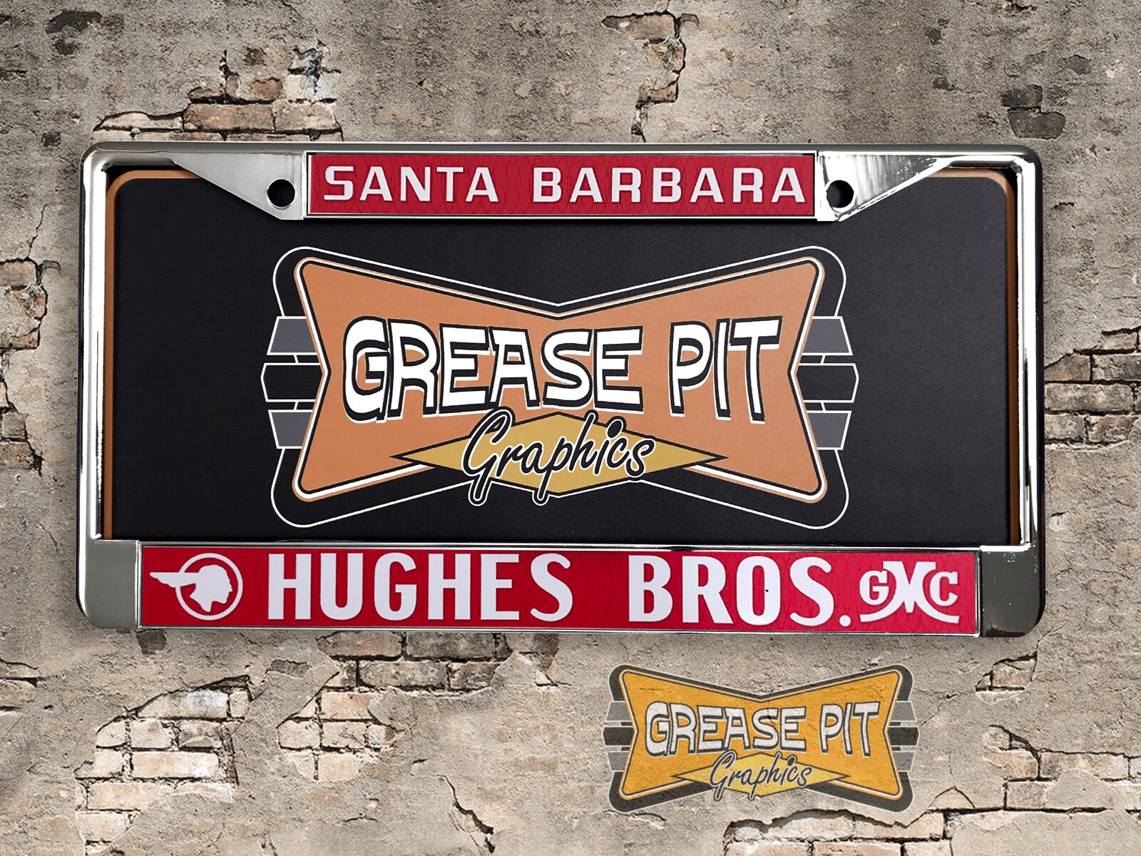 Hughes Bros Pontiac GMC Santa Barbara License Plate Frame Tribute Red