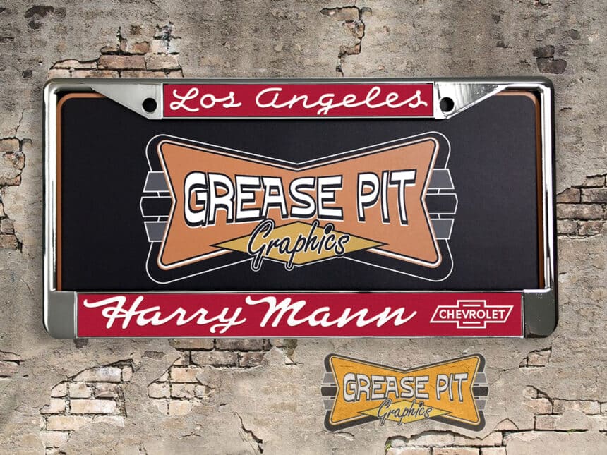 A vintage style reproduction dealership license plate frame for the Harry Mann Chevrolet dealership of Los Angeles. This reproduction dealership license plate frame will look great bolted on to your Classic Chevy whether it’s a Cruiser, a Hot Rod or a Muscle Car.