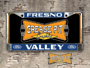 A vintage style reproduction dealer license plate frame for the Valley Ford dealership of Fresno.