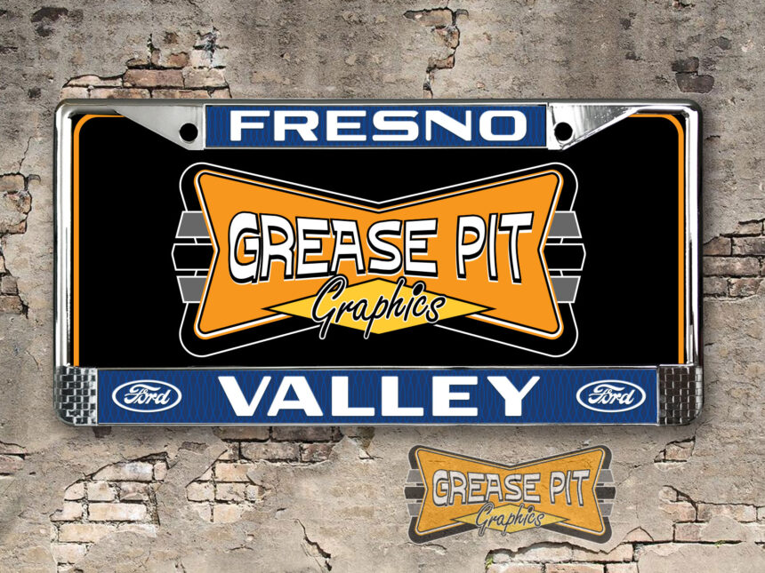 A vintage style reproduction dealer license plate frame for the Valley Ford dealership of Fresno.
