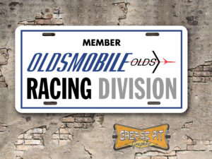 Member Oldsmobile Racing Division Booster Aluminum License Plate White Blue