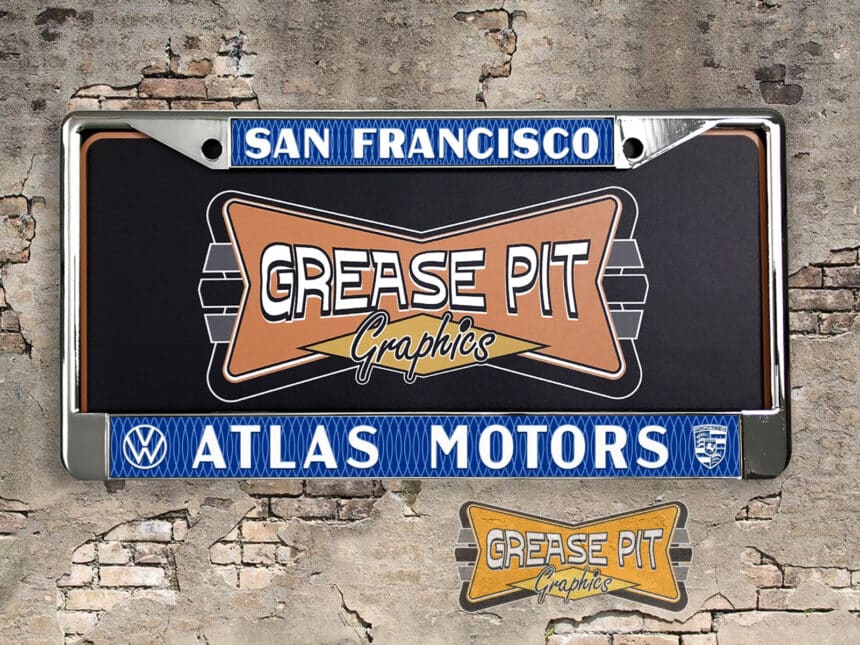 A newly produced vintage style Atlas Motors San Francisco California reproduction dealer license plate frame for your Hot Rod, Vintage Classic car, or Muscle car.