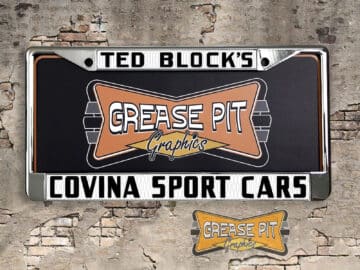 A newly produced vintage style Ted Block's Covina Sport Cars reproduction dealer license plate frame for your Classic Sports Car.