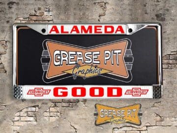 A vintage style reproduction Good Chevrolet license plate frame from the defunct dealership of Alameda, California . This reproduction dealer license plate frame will look great bolted on to your Classic Chevy whether it’s a Cruiser, a Hot Rod or a Muscle Car.