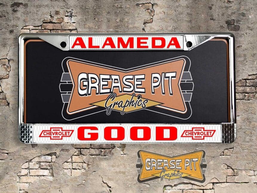 A vintage style reproduction Good Chevrolet license plate frame from the defunct dealership of Alameda, California . This reproduction dealer license plate frame will look great bolted on to your Classic Chevy whether it’s a Cruiser, a Hot Rod or a Muscle Car.