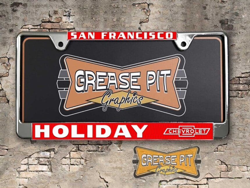 A vintage style reproduction dealer license plate frame for the Holiday Chevrolet dealership of San Francisco, California . This reproduction dealer license plate frame will look great bolted on to your Classic Chevy whether it’s a Cruiser, a Hot Rod or a Muscle Car..