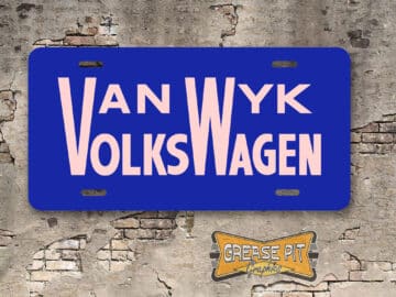 A newly produced vintage style tribute Van Wyk Volkswagen License Plate Insert Santa Barbara for your Hot Rodded or classic Volkswagen.