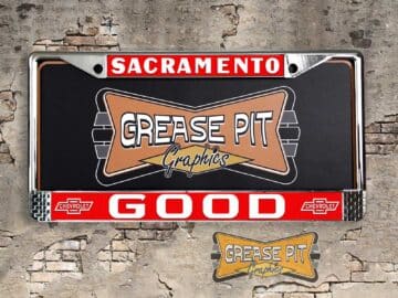 A vintage style reproduction Good Chevrolet license plate frame from the defunct dealership of Sacramento, California . This reproduction dealer license plate frame will look great bolted on to your Classic Chevy whether it’s a Cruiser, a Hot Rod or a Muscle Car.