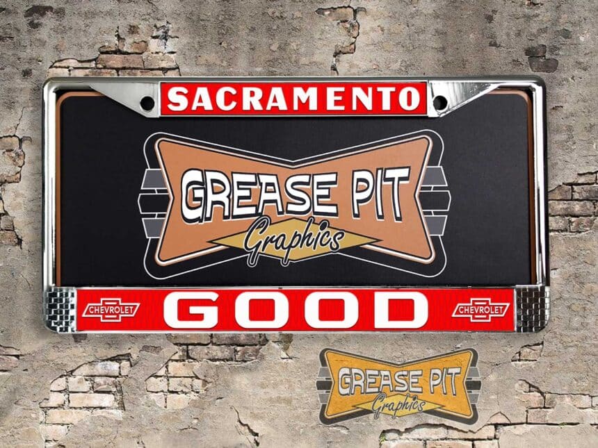 A vintage style reproduction Good Chevrolet license plate frame from the defunct dealership of Sacramento, California . This reproduction dealer license plate frame will look great bolted on to your Classic Chevy whether it’s a Cruiser, a Hot Rod or a Muscle Car.