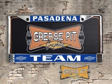 A vintage style reproduction Team Chevrolet license plate frame from the defunct dealership of Pasadena, California . This reproduction dealer license plate frame will look great bolted on to your Classic Chevy whether it’s a Cruiser, a Hot Rod or a Muscle Car.