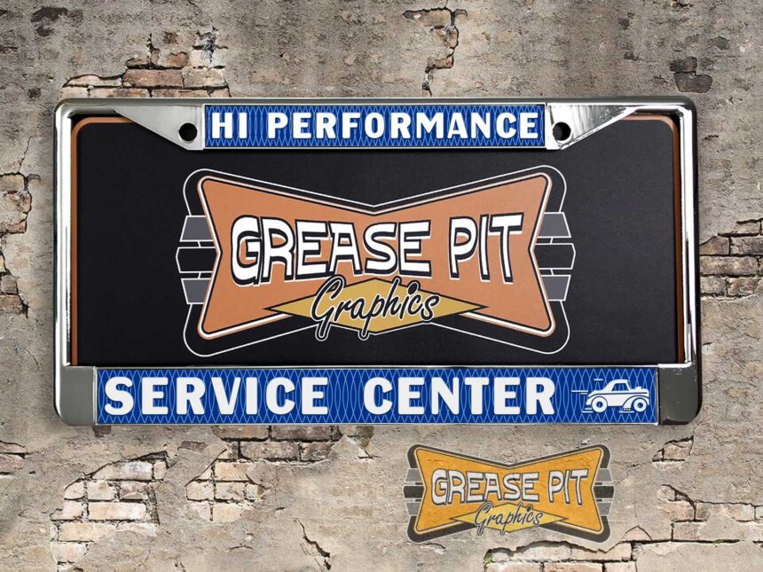 A newly produced vintage style Hi Performance Service Center reproduction speed shop license plate frame for your Hot Rod, Vintage Classic car, or Muscle car.