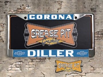 A vintage style reproduction dealership license plate frame for the Diller Chevrolet dealership of Paramus. This reproduction dealership license plate frame will look great bolted on to your Classic Chevy whether it’s a Cruiser, a Hot Rod or a Muscle Car.