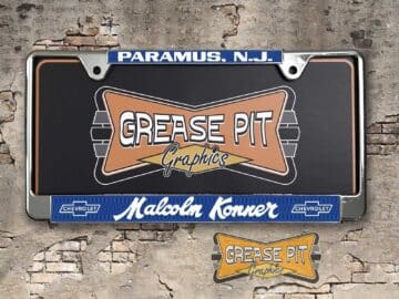 A vintage style reproduction dealership license plate frame for the Malcolm Konner Chevrolet dealership of Paramus. This reproduction dealership license plate frame will look great bolted on to your Classic Chevy whether it’s a Cruiser, a Hot Rod or a Muscle Car.