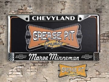 A vintage style reproduction dealership license plate frame for the Marve Minneman Chevyland Chevrolet dealership of Youngstown. This reproduction dealership license plate frame will look great bolted on to your Classic Chevy whether it’s a Cruiser, a Hot Rod or a Muscle Car.