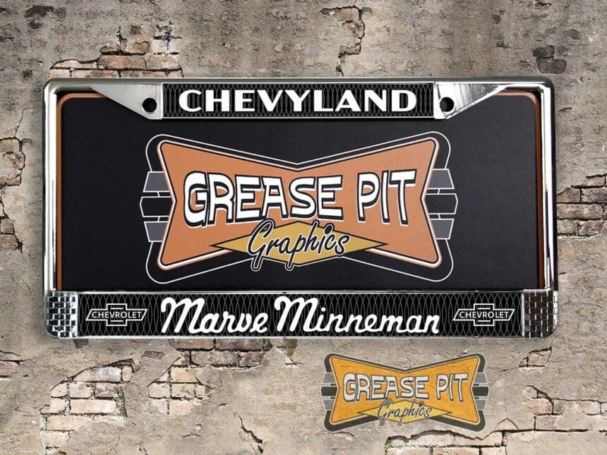 A vintage style reproduction dealership license plate frame for the Marve Minneman Chevyland Chevrolet dealership of Youngstown. This reproduction dealership license plate frame will look great bolted on to your Classic Chevy whether it’s a Cruiser, a Hot Rod or a Muscle Car.