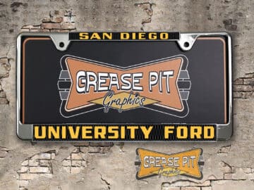 A vintage style reproduction dealership license plate frame for the University Ford dealership of San Diego, California. This reproduction dealership license plate frame will look great bolted on to your Classic Ford whether it’s a Cruiser, a Hot Rod or a Muscle Car.