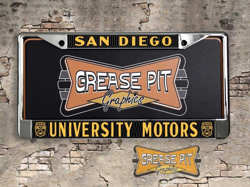 A vintage style reproduction dealership license plate frame for the University Motors Ford dealership of San Diego, California. This reproduction dealership license plate frame will look great bolted on to your Classic Ford whether it’s a Cruiser, a Hot Rod or a Muscle Car.