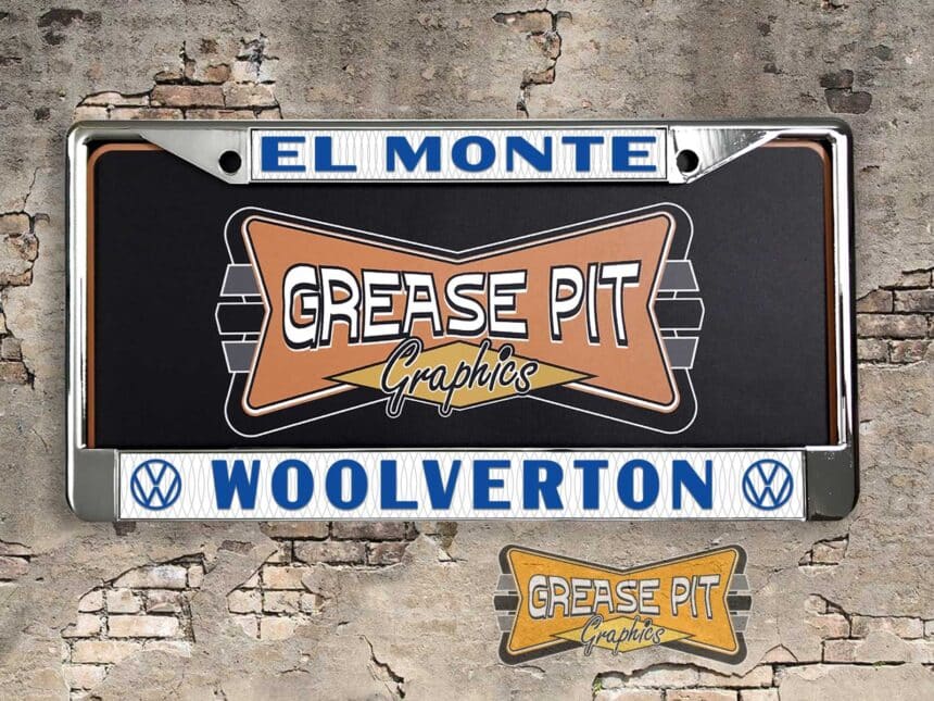 A newly produced vintage style Woolverton Volkswagen VW El Monte reproduction dealership license plate frame for your Hot Rod, Vintage Classic car, or Muscle car.