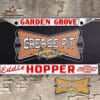 A vintage style reproduction dealership license plate frame for the Eddie Hopper Chevrolet dealership of Garden Grove. This reproduction dealership license plate frame will look great bolted on to your Classic Chevy whether it’s a Cruiser, a Hot Rod or a Muscle Car.