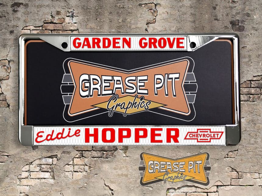 A vintage style reproduction dealership license plate frame for the Eddie Hopper Chevrolet dealership of Garden Grove. This reproduction dealership license plate frame will look great bolted on to your Classic Chevy whether it’s a Cruiser, a Hot Rod or a Muscle Car.