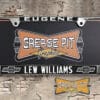 A vintage style reproduction dealership license plate frame for the Lew Williams dealership of Eugene, Oregon. This reproduction dealership license plate frame will look great bolted on to your Classic Chevy whether it’s a Cruiser, a Hot Rod or a Muscle Car.