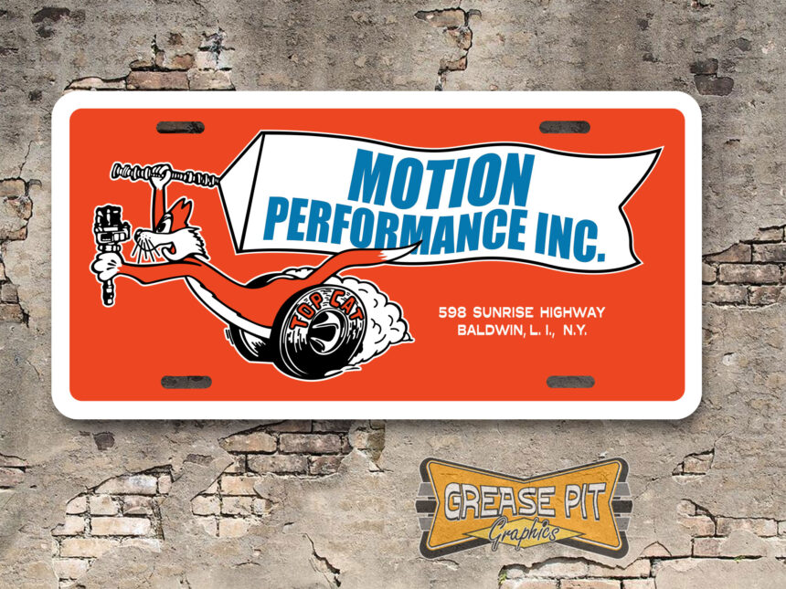 A newly produced vintage style tribute Motion Performance License Plate Insert in black for your Hot Rod, Vintage Classic car, or Muscle car.