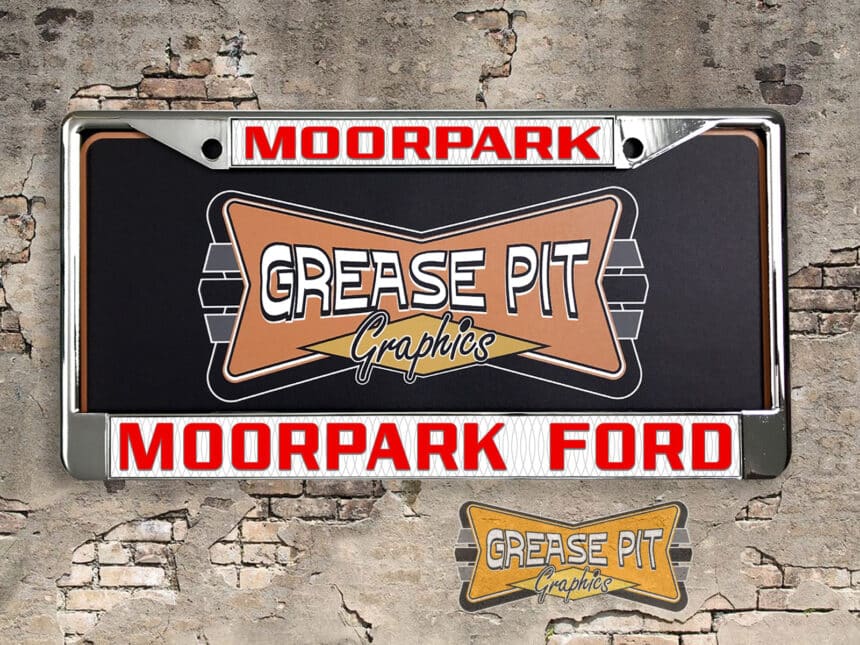 A vintage style reproduction dealership license plate frame for the Moorpark Ford dealership of Moorpark, California. This reproduction dealership license plate frame will look great bolted on to your Classic Ford whether it’s a Cruiser, a Hot Rod or a Muscle Car.