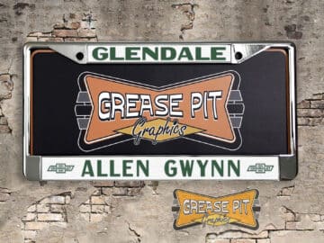 A vintage style reproduction dealership license plate frame for the Allen Gwynne Chevrolet dealership of Glendale, California. This reproduction dealership license plate frame will look great bolted on to your Classic Chevy whether it’s a Cruiser, a Hot Rod or a Muscle Car.