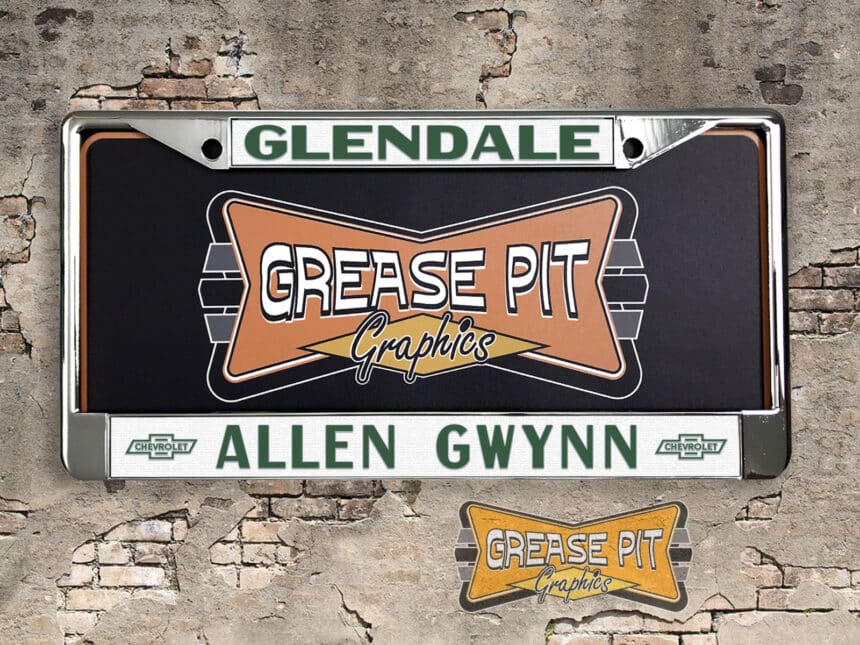 A vintage style reproduction dealership license plate frame for the Allen Gwynne Chevrolet dealership of Glendale, California. This reproduction dealership license plate frame will look great bolted on to your Classic Chevy whether it’s a Cruiser, a Hot Rod or a Muscle Car.