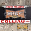 A vintage style reproduction dealership license plate frame for the Colliau Chevrolet dealership of South Pasadena, California. This reproduction dealership license plate frame will look great bolted on to your Classic Chevy whether it’s a Cruiser, a Hot Rod or a Muscle Car.
