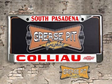 A vintage style reproduction dealership license plate frame for the Colliau Chevrolet dealership of South Pasadena, California. This reproduction dealership license plate frame will look great bolted on to your Classic Chevy whether it’s a Cruiser, a Hot Rod or a Muscle Car.