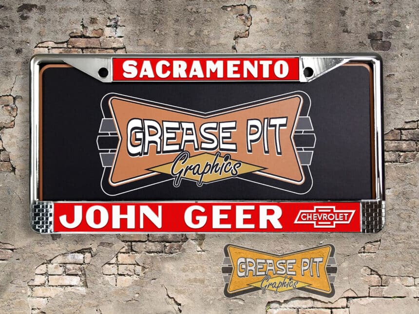 A vintage style reproduction dealership license plate frame for the John Geer Chevrolet dealership of Sacramento, California. This reproduction dealership license plate frame will look great bolted on to your Classic Chevy whether it’s a Cruiser, a Hot Rod or a Muscle Car.