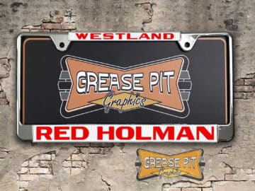 A vintage style reproduction dealership license plate frame for the Red Holman dealership of Westland. This reproduction dealership license plate frame will look great bolted on to your Classic Pontiac whether it's a Cruiser, a Hot Rod or a Muscle Car.