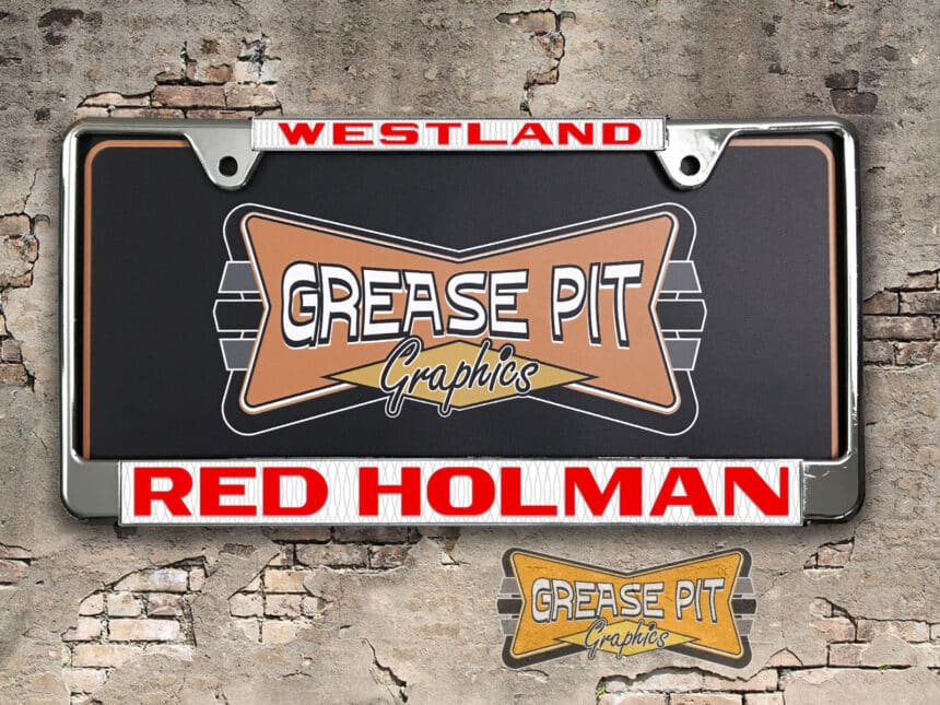 A vintage style reproduction dealership license plate frame for the Red Holman dealership of Westland. This reproduction dealership license plate frame will look great bolted on to your Classic Pontiac whether it's a Cruiser, a Hot Rod or a Muscle Car.