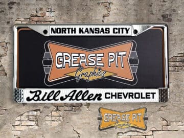 A vintage style reproduction dealership license plate frame for the Bill Allen Chevrolet Dealership of North Kansas City, Missouri . This reproduction dealership license plate frame will look great bolted on to your Classic Chevy whether it’s a Cruiser, a Hot Rod or a Muscle Car.