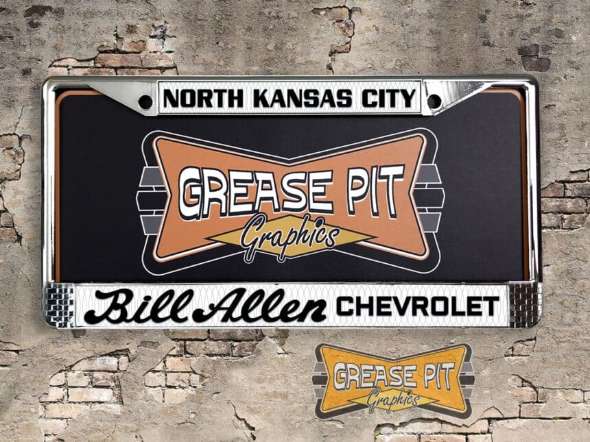 A vintage style reproduction dealership license plate frame for the Bill Allen Chevrolet Dealership of North Kansas City, Missouri . This reproduction dealership license plate frame will look great bolted on to your Classic Chevy whether it’s a Cruiser, a Hot Rod or a Muscle Car.