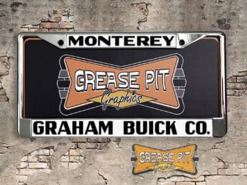 A vintage style reproduction dealership license plate frame for the Graham Buick dealership of Monterey. This reproduction dealership license plate frame will look great bolted on to your Classic Buick whether it's a Cruiser, a Hot Rod or a Muscle Car.
