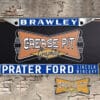 A newly produced vintage style Prater Ford Lincoln Mercury reproduction dealership license plate frame for your Hot Rod, Vintage Classic car, or Muscle car.