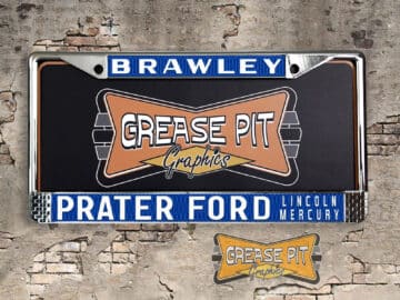 A newly produced vintage style Prater Ford Lincoln Mercury reproduction dealership license plate frame for your Hot Rod, Vintage Classic car, or Muscle car.